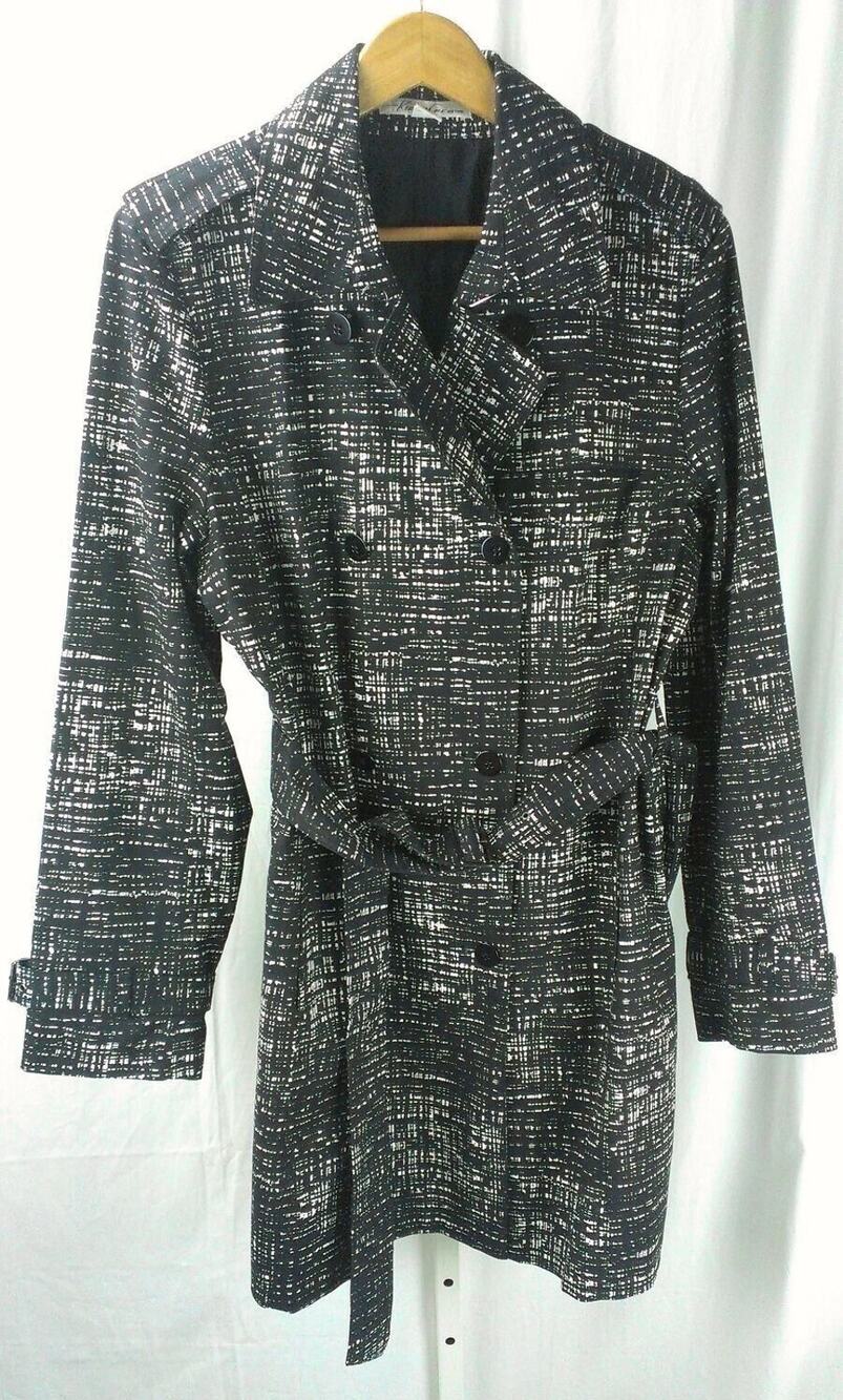 Gorgeous Kenneth Cole Women's XL Double Breasted Coat Black White Long Belted